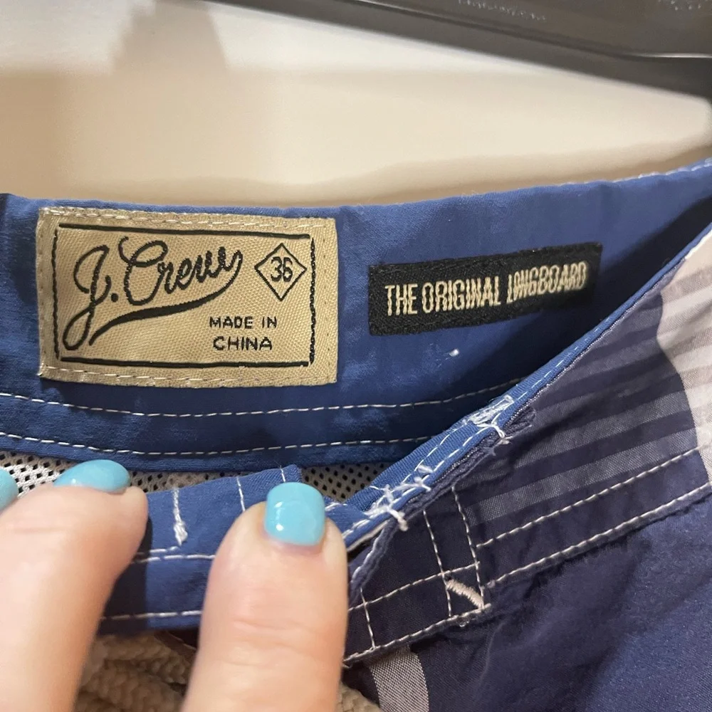 J. Crew Blue and White Board Shorts with Plaid Design Size 36